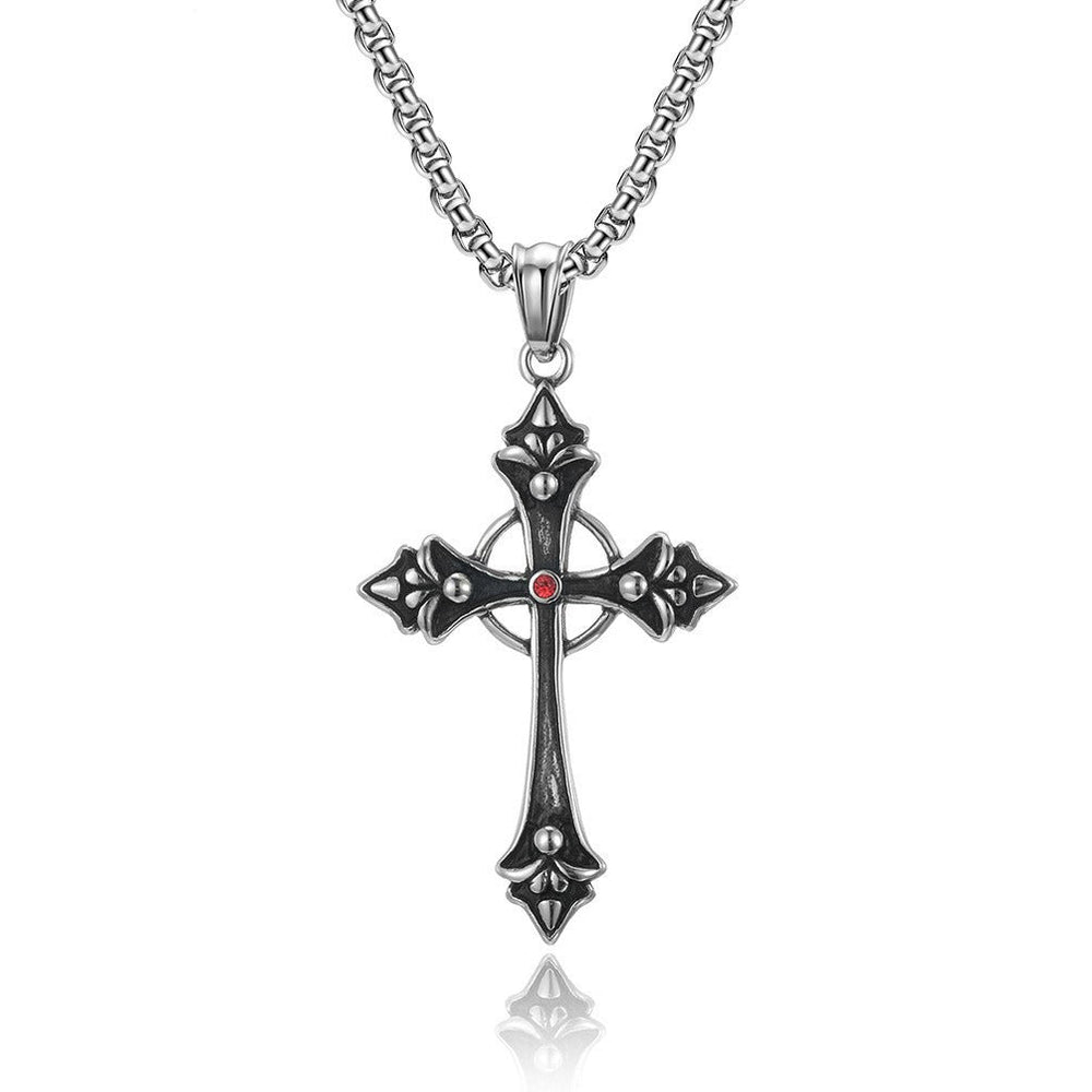 Stainless Steel Red Cubic Zirconia Cross Pendant Necklace for Men Vintage Silver K-PT396