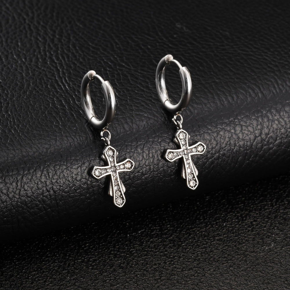 Stainless Steel Cross Hoop Earring for Men Cubic Zirconia Inlay ED1089