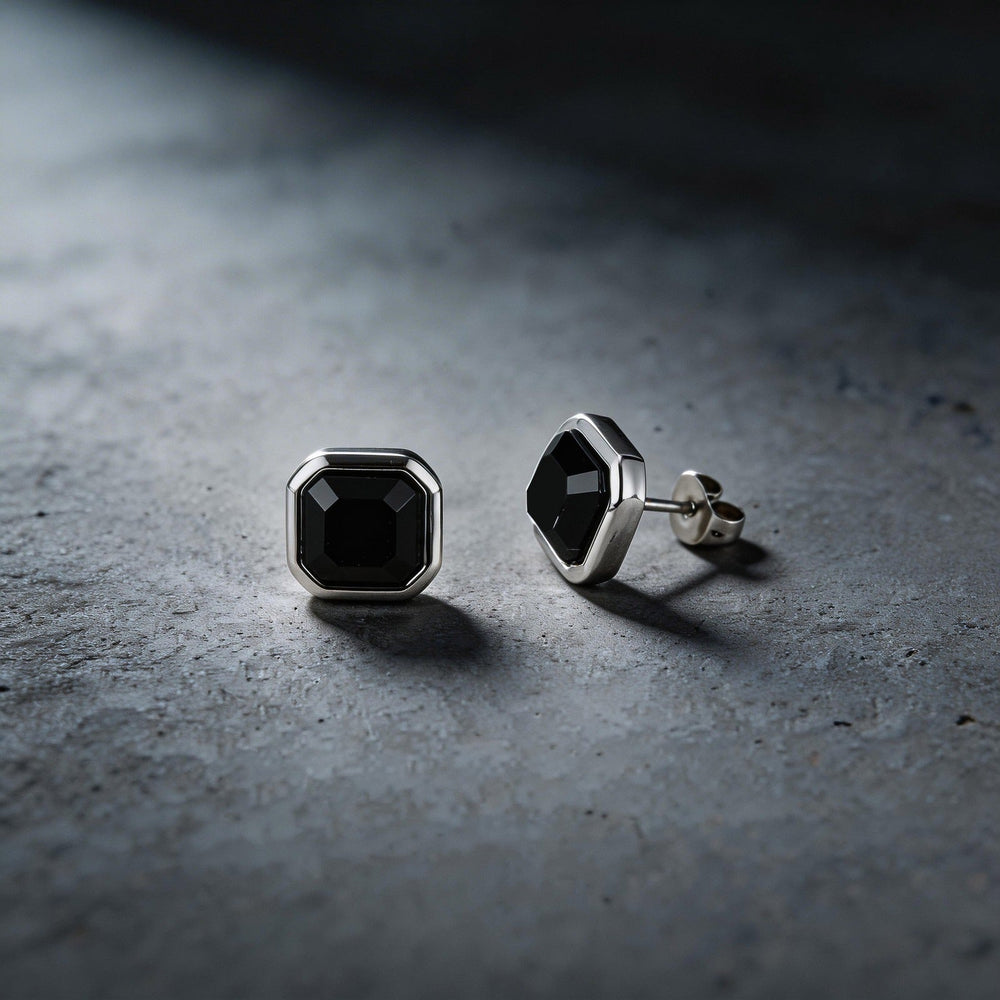Black Onyx Stud Earrings Stainless Steel Square Geometric for Men ES-734