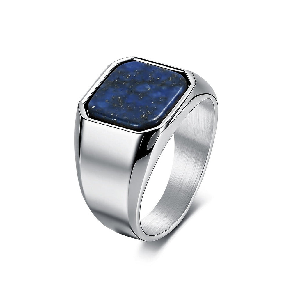 Signet Ring for Men Stainless Steel Square Blue Black Stone Inlay KR1138