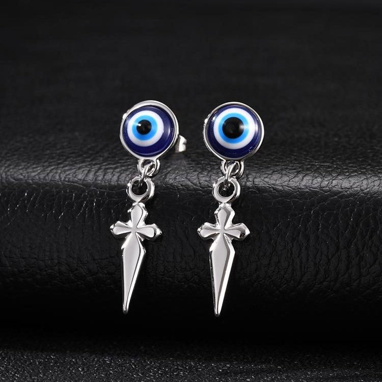 Blue Eye Cross Drop Earring for Men Stainless Steel Gothic ED-1099