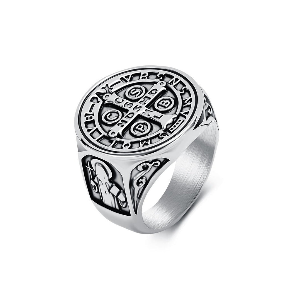 Stainless Steel Cross Medallion Ring for Men Vintage Engraved Coin Signet Seal Symbol Silver Gold Black K-R1143