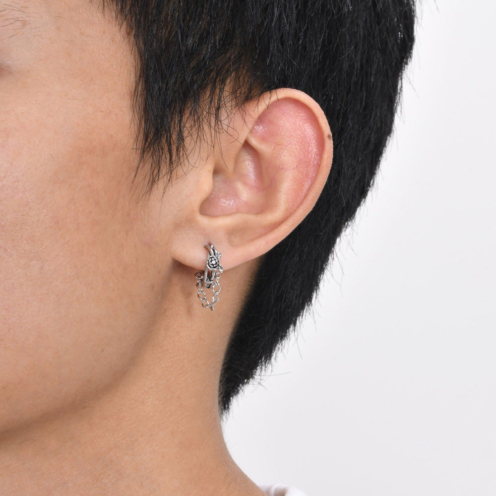 Stainless Steel Rose Chain Hoop Earring – Black Cubic Zirconia Detail for Men EH-686