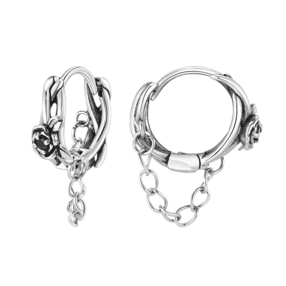 Stainless Steel Rose Chain Hoop Earring – Black Cubic Zirconia Detail for Men EH-686