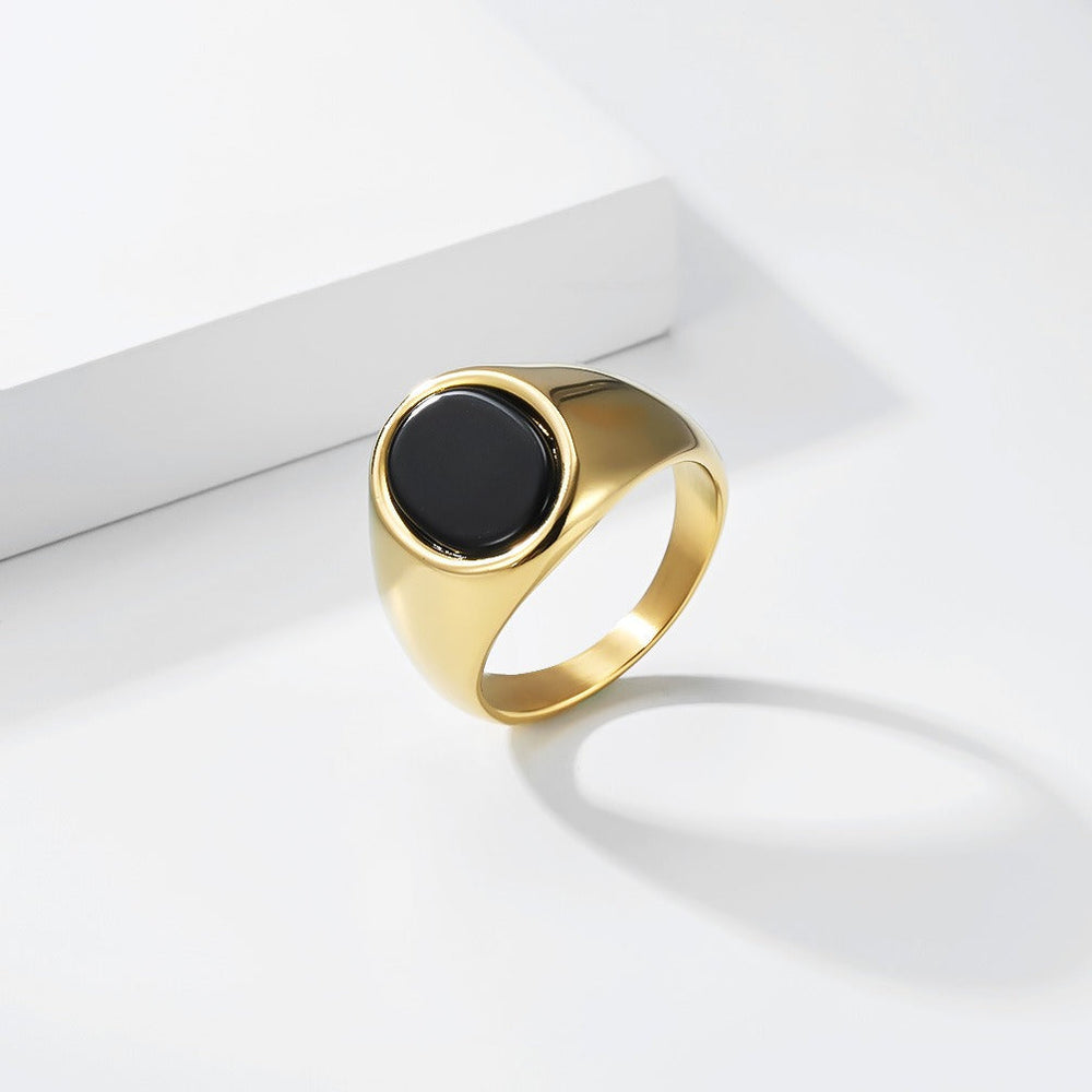 Signet Ring for Men Stainless Steel Oval Black Stone Inlay Geometric Style KR1134