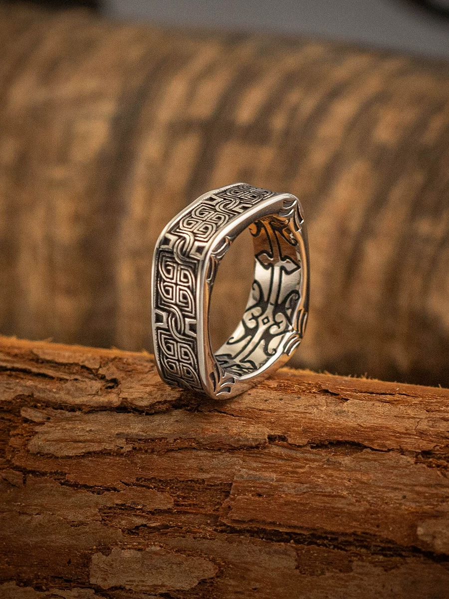 Norse Celtic Square Ring – Vintage Stainless Steel Men's Band with Viking Knotwork NW-A035