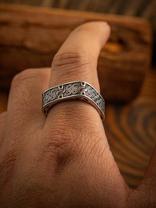 Norse Celtic Square Ring – Vintage Stainless Steel Men's Band with Viking Knotwork NW-A035