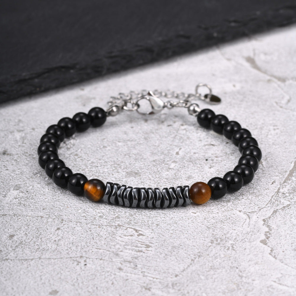 Kemston Stainless Steel Tiger Eye Beaded Bracelet for Men Black Onyx Hematite Stone Adjustable BR-2919