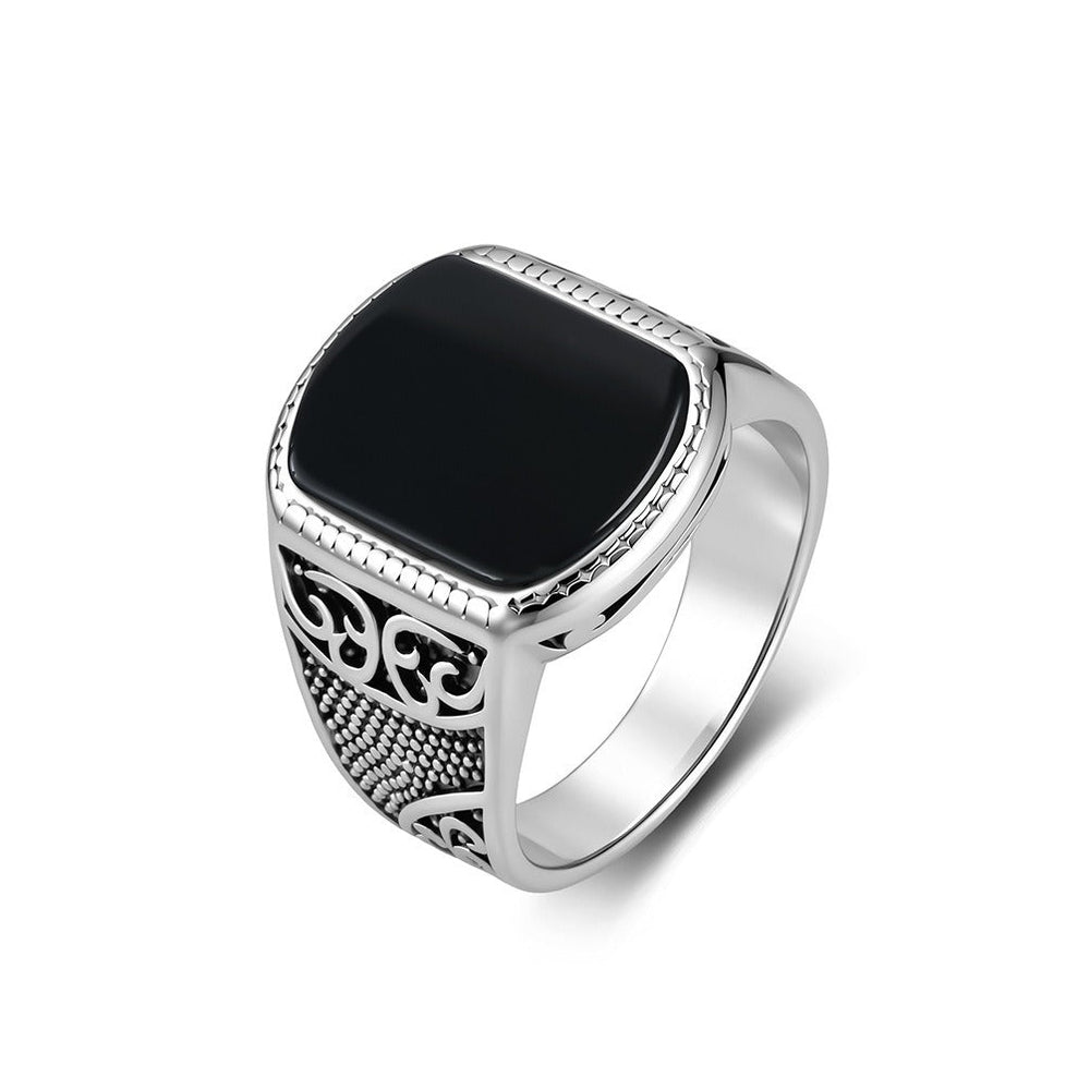 Square Signet Ring for Men Stainless Steel Engraved Stone Center Vintage Design K-R1197