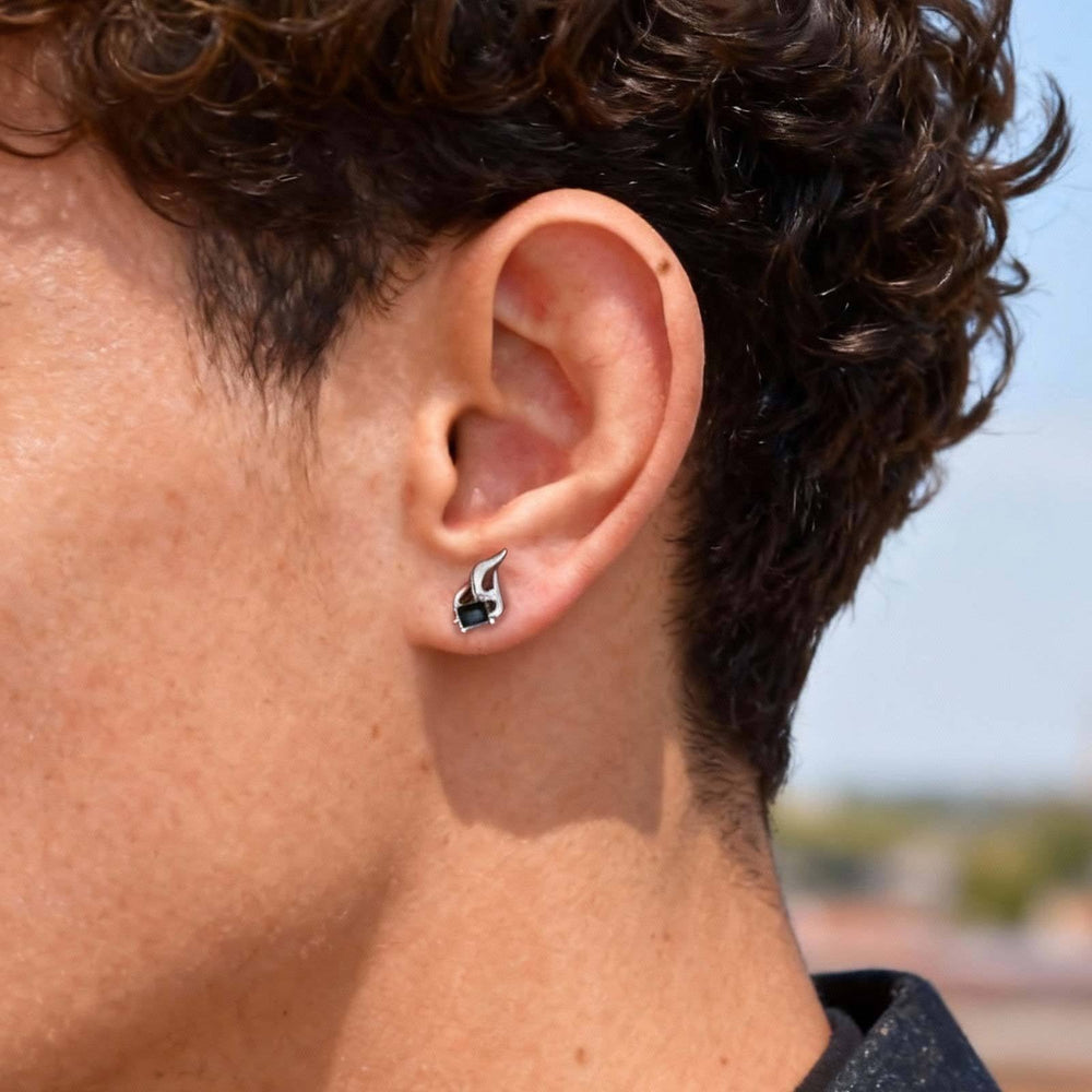 Stainless Steel Flame Stud Earring with Black Cubic Zirconia for Men & Women ES-787S