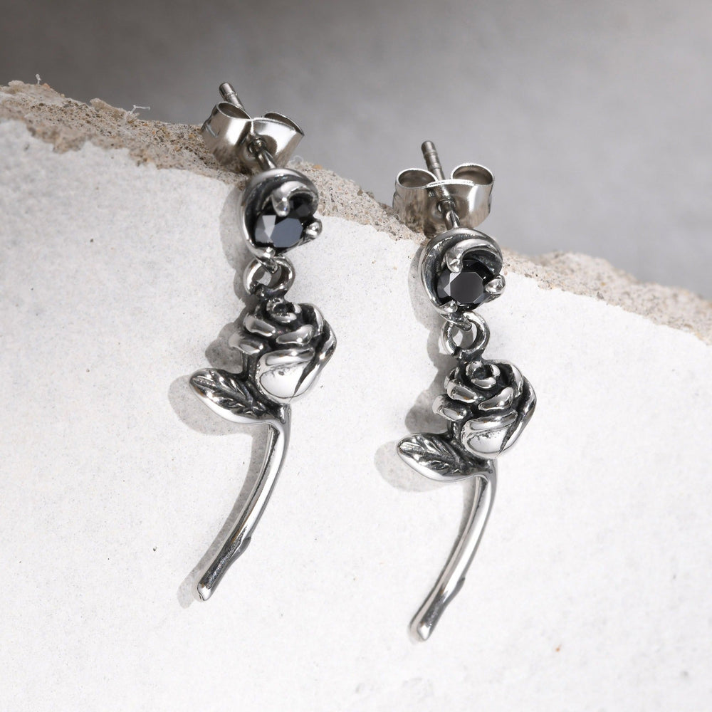 Stainless Steel Rose Drop Earring with Black Cubic Zirconia for Men ED-788