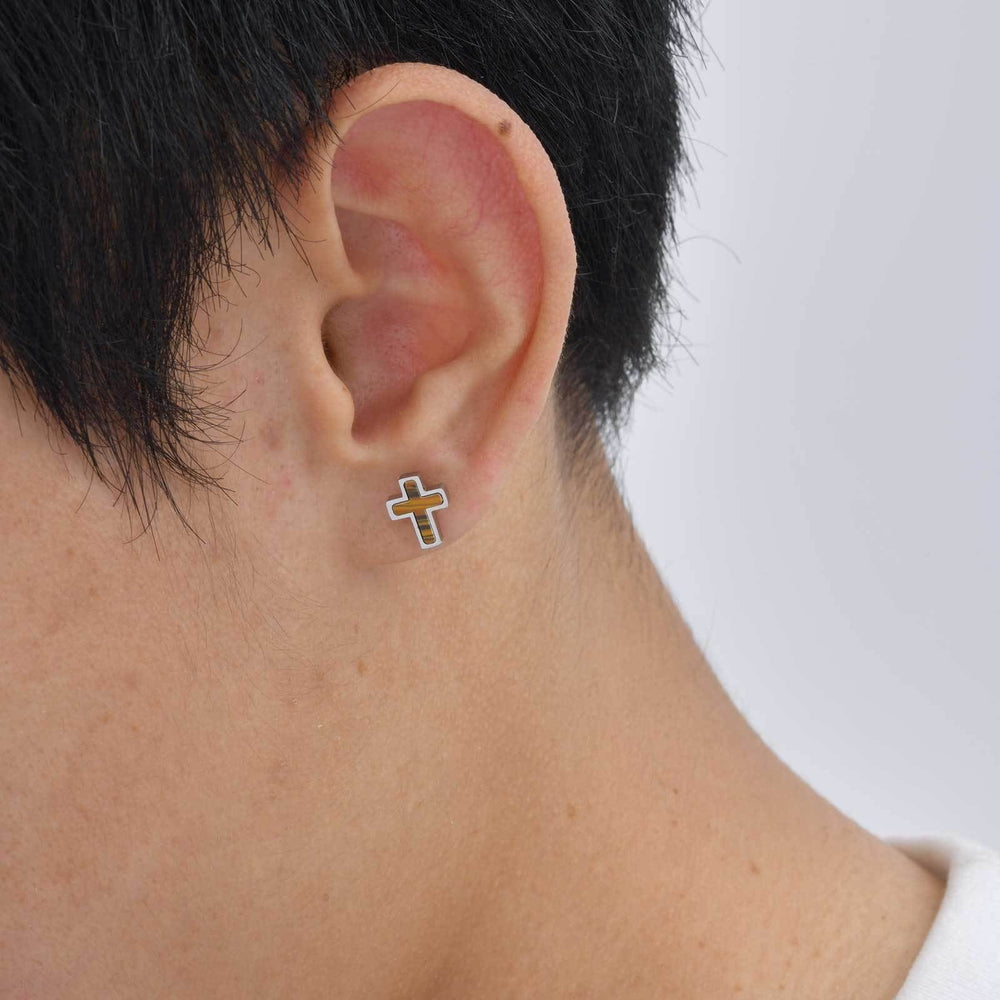 Stainless Steel Tiger Eye Cross Stud Earrings for Men ES-642