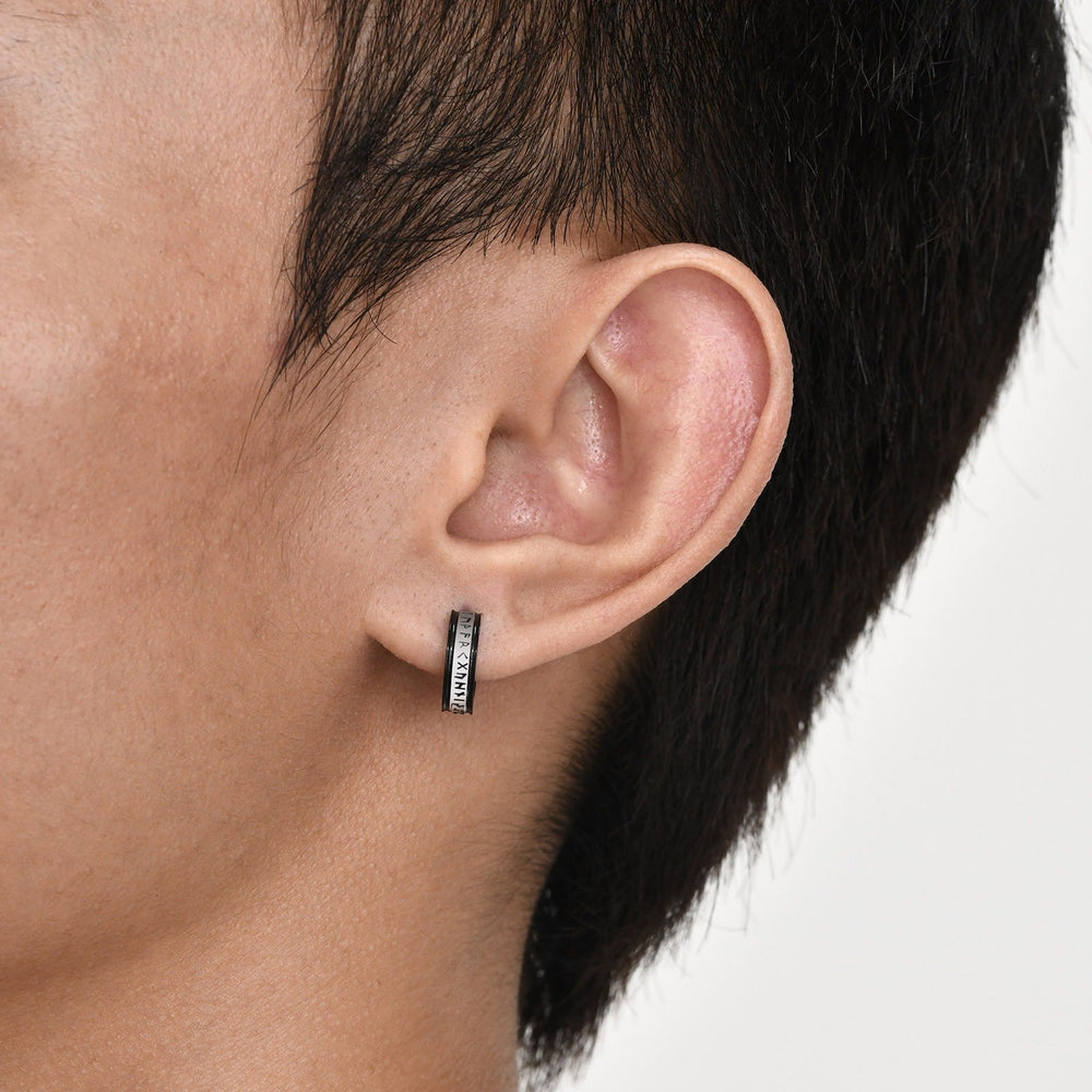 Stainless Steel Viking Rune Hoop Earrings – Black IP Engraved Huggie for Men EH-536SB